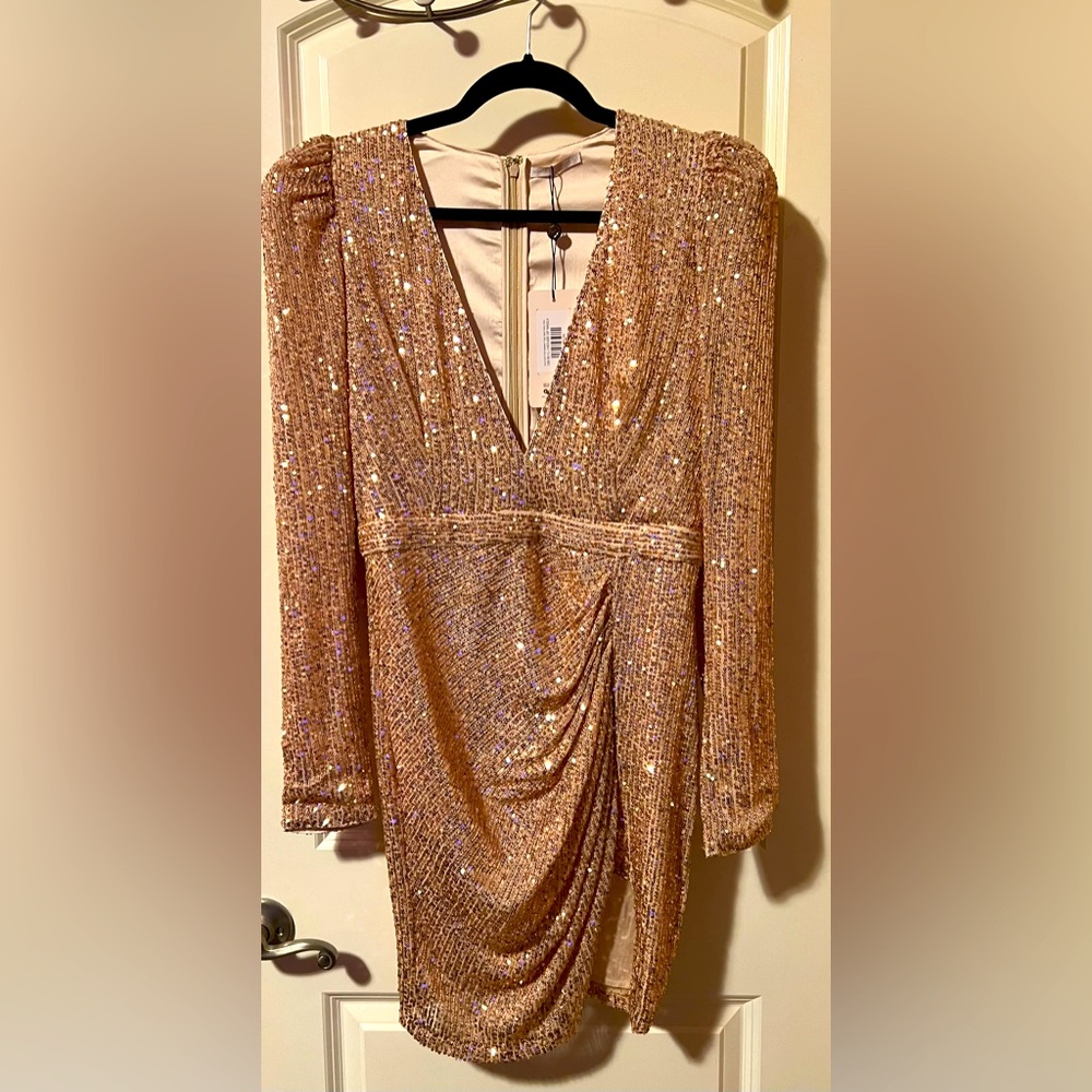 Sequin rose gold puff sleeve thigh slit party dress